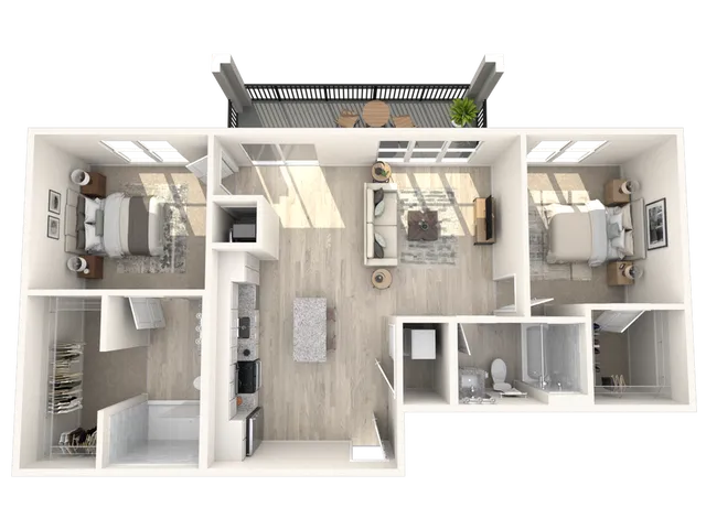 Modern 2D floor plan showcasing 2 bedrooms, an open kitchen with an island, stylish living area, and a private balcony.