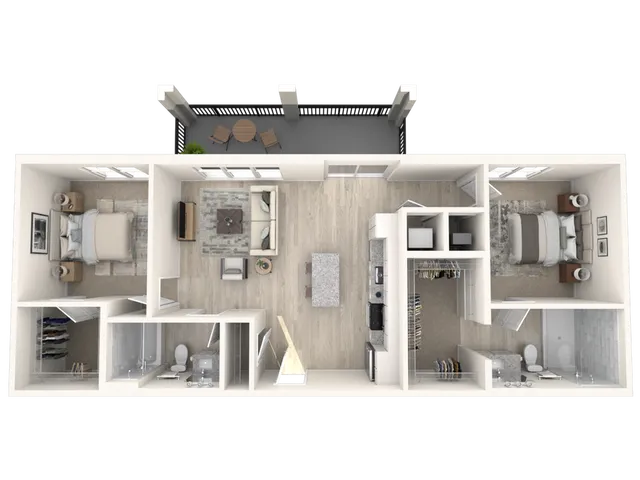 Modern 3D floor plan showcasing 2 bedrooms, 2 bathrooms, an open-concept kitchen, and a cozy living area with a balcony.