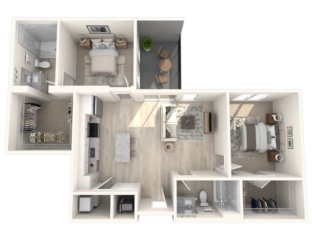 Modern 3D floor plan featuring two spacious bedrooms, a stylish open-concept kitchen, and a cozy living area with balcony access.