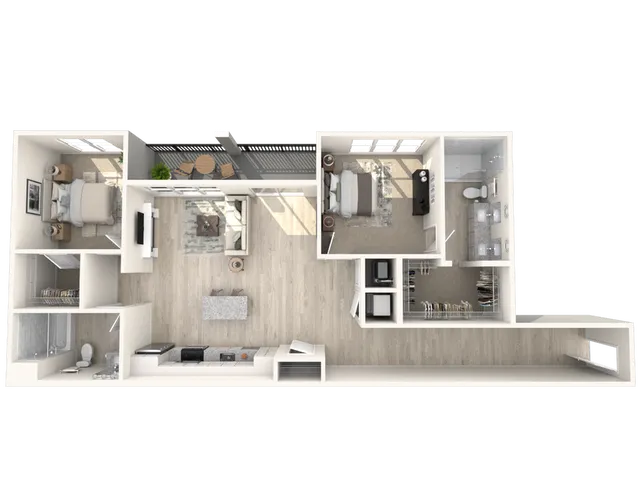 Chic 3D apartment floor plan with 2 bedrooms, cozy living area, modern kitchen, and private balcony.