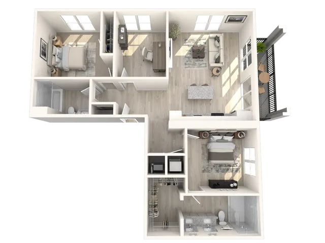 Elegant open-concept floor plan featuring 2 bedrooms, spacious living area, and modern kitchen with balcony access.