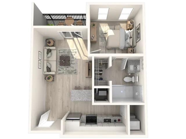 Modern 1-bedroom apartment floor plan featuring an open-concept living area, sleek kitchen, and private balcony.