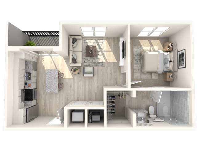 Modern apartment floor plan featuring a spacious bedroom, open-concept living area, sleek kitchen with island, and a stylish bathroom.