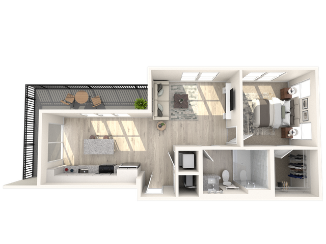 Modern 3D floor plan showcasing a chic one-bedroom apartment with a spacious balcony, open-concept kitchen, and stylish living area.