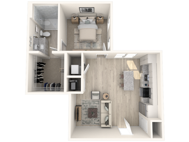 Modern 3D floor plan showcasing a spacious one-bedroom apartment with an open-concept living area and sleek kitchen design.