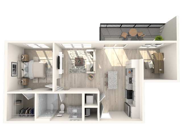 Modern 3D floor plan showcasing a spacious 1-bedroom apartment with open-concept living area, sleek kitchen, cozy bedroom, and inviting balcony perfect for relaxation.