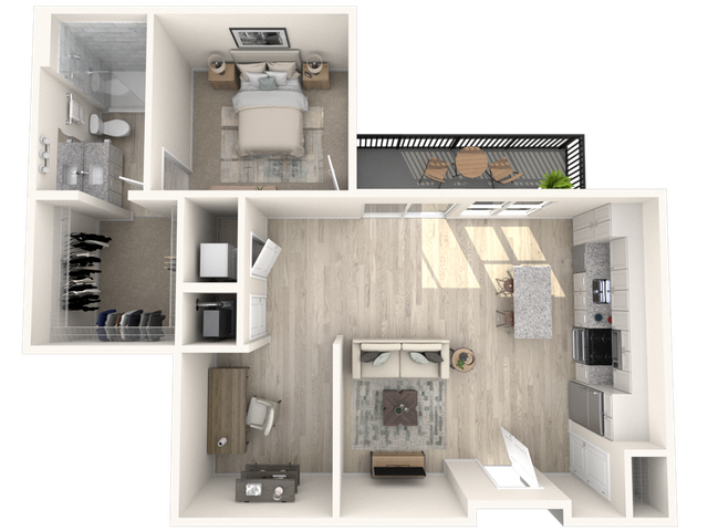 Modern 1-bedroom apartment layout featuring an elegant open-concept living area, gourmet kitchen with island, stylish bathroom, spacious walk-in closet, and a charming balcony for outdoor relaxation.