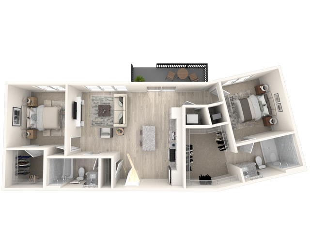 Modern 3D floor plan featuring two spacious bedrooms, a stylish open-concept living area, and a sleek kitchen with an island, complete with a cozy balcony.