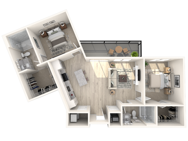 Modern 2-bedroom apartment floor plan with an open-concept kitchen and living area, featuring a balcony and spacious bathrooms.
