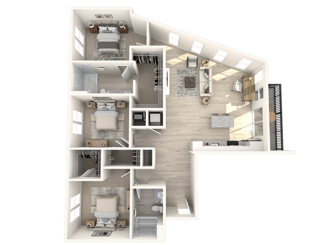 Contemporary 3D floor plan showcasing three cozy bedrooms, a bright open-concept living and dining area, and a modern kitchen with sleek countertops.