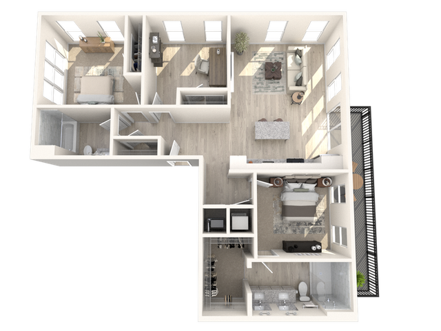 Modern 3D floor plan showcasing two spacious bedrooms, bright living room, and elegant kitchen with dining area.