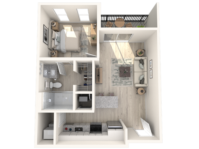 Modern 1-bedroom apartment floor plan with open living area, stylish kitchen, and private balcony.