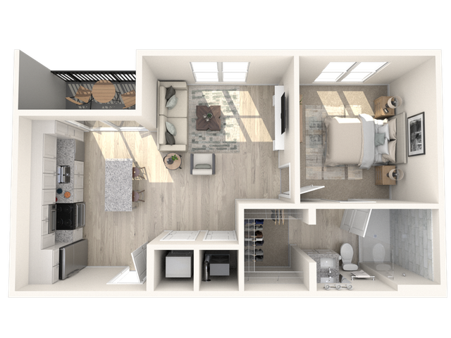 Modern 1-bedroom apartment floor plan featuring an open-concept living area, sleek kitchen with island, cozy balcony, and spacious bathroom.