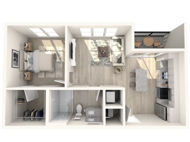 Modern 3D floor plan showcasing a cozy one-bedroom apartment with a sunlit living area, stylish kitchen, and balcony.