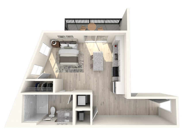 Chic 3D floor plan featuring a cozy bedroom, modern kitchen, and elegant bathroom with a private balcony.
