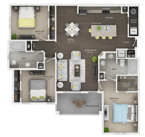 D1 | 3 bed 2 bath from 1363 square feet | Sapphire Bay Apartments | Apartments In Baytown