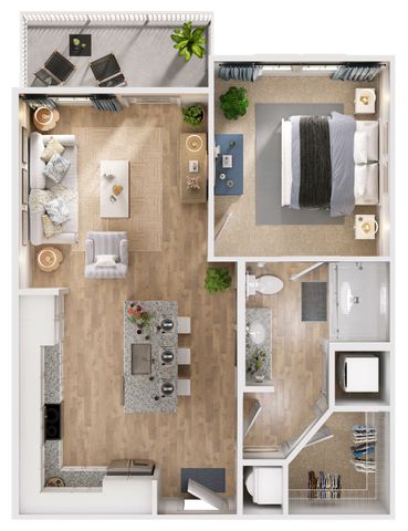 Bright and modern floor plan showcasing a spacious one-bedroom apartment with an open-concept kitchen, elegant living area, and a private balcony for outdoor relaxation.