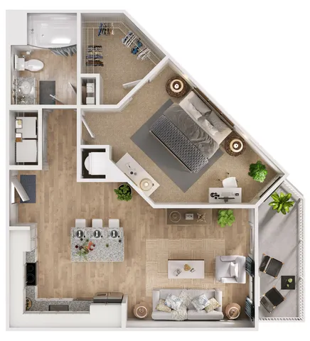 Modern 1-bedroom floor plan with open-concept living area, stylish kitchen with island, cozy bedroom, and spacious balcony.