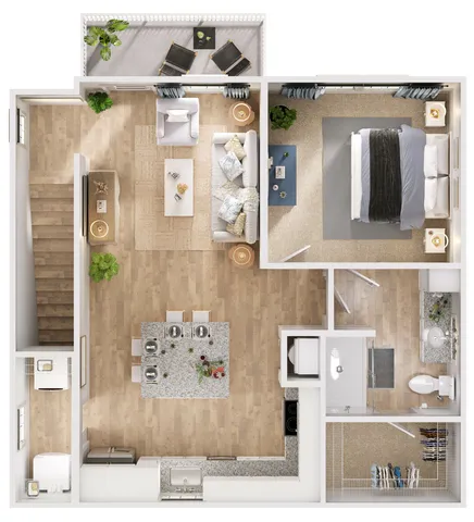 Chic apartment floor plan featuring a cozy bedroom, elegant living area, modern kitchen, and spacious balcony.