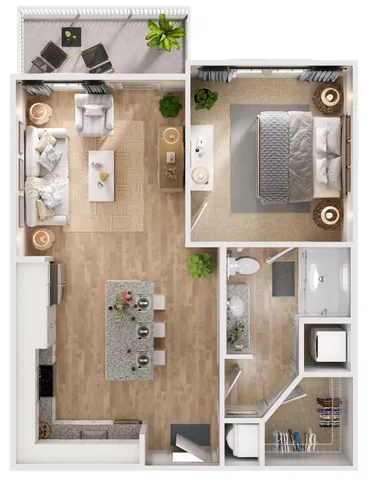 Elegant open-concept floor plan with a cozy living room, stylish bedroom, gourmet kitchen, and private balcony.