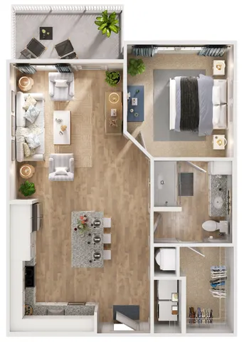 Chic floor plan showcasing an elegant one-bedroom apartment with spacious living room, modern kitchen, stylish bathroom, and inviting balcony.