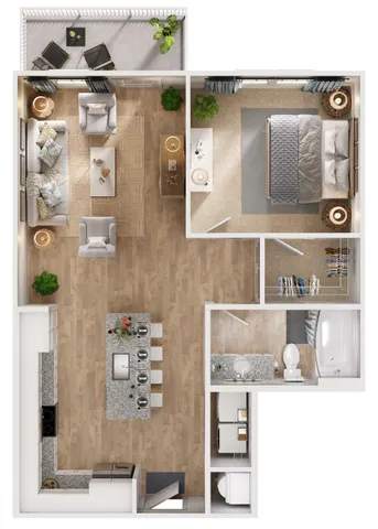 Modern floor plan showcasing one bedroom, a cozy living area, open kitchen with island seating, bathroom, and a private balcony.