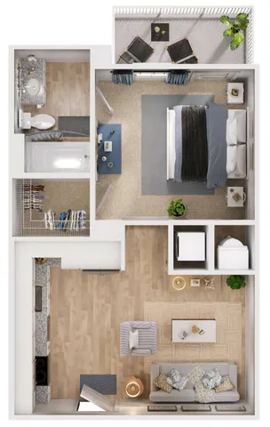 Charming modern apartment floor plan with one bedroom, stylish open-concept living area, elegant kitchen, and a cozy balcony with seating.