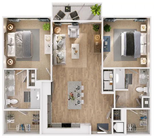 Modern 2D floor plan showcasing a spacious layout with two elegant bedrooms, a stylish open-concept living and dining area, sleek kitchen island, two bathrooms, and a cozy balcony for relaxation.