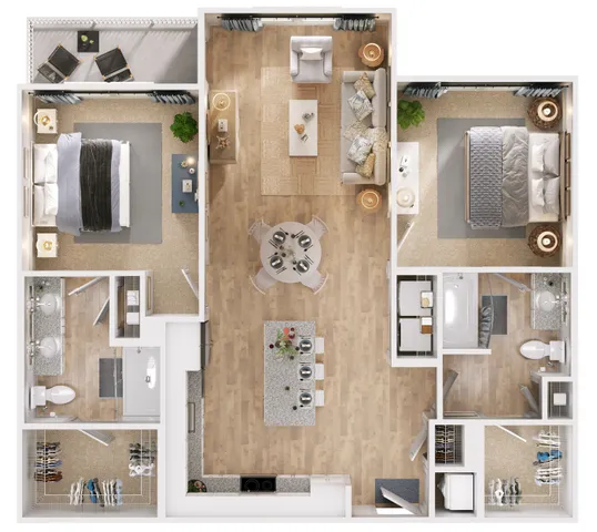 Elegant floor plan showcasing two spacious bedrooms, a modern kitchen with an island, open living and dining area, two stylish bathrooms, and a cozy balcony.