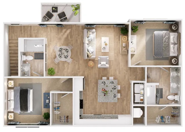Modern 2D floor plan showcasing 2 spacious bedrooms, open-concept living room, gourmet kitchen, and private balcony.