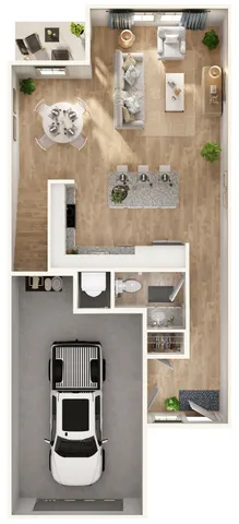 Charming floor plan highlighting an open-concept living and dining area, elegant kitchen with island, cozy seating arrangement, and a single-car garage layout.