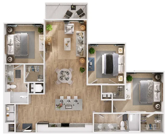 Elegant 3-bedroom floor plan with open-concept kitchen, inviting living area, and serene balcony views.