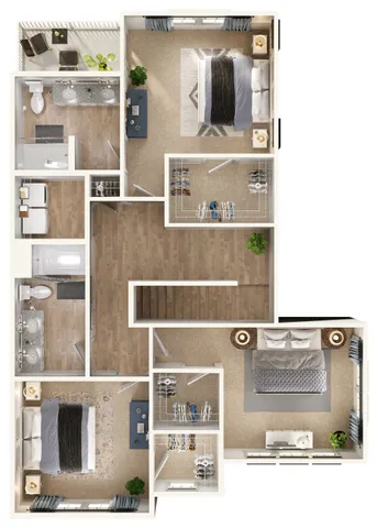 Luxurious floor plan showcasing three spacious bedrooms, two modern bathrooms, and elegant living spaces with ample closets.