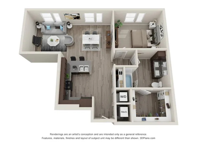 Contemporary 3D floor plan highlighting a cozy 1-bedroom apartment with an open-concept living and dining area, modern kitchen, and stylish bathroom.