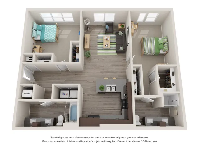 Inviting 3D floor plan showcasing a modern apartment with 2 cozy bedrooms, spacious open-plan kitchen and living area, and elegant bathroom layout.