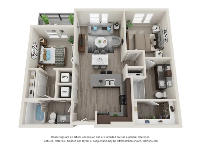 Chic 3D floor plan showcasing 2 bedrooms, an elegant open-concept kitchen and living area, stylish balcony, and modern amenities.