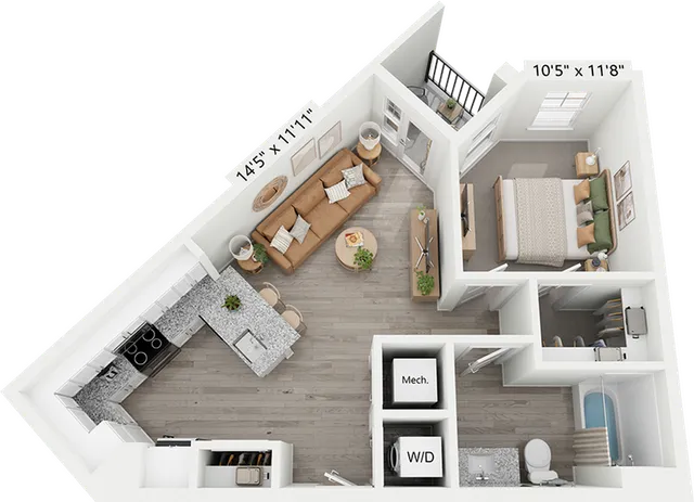 Modern apartment floor plan featuring an open-concept living area, cozy bedroom, sleek kitchen, and convenient washer/dryer space.