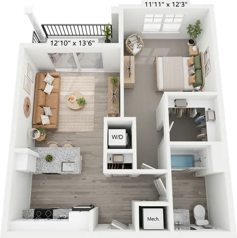 Chic 1-bedroom apartment floor plan with open-concept living room, modern kitchen, and private balcony.