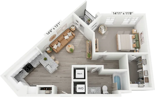 Modern 3D floor plan showcasing a chic living room, spacious kitchen with island, and a cozy bedroom. Includes well-designed bathroom and convenient laundry area.