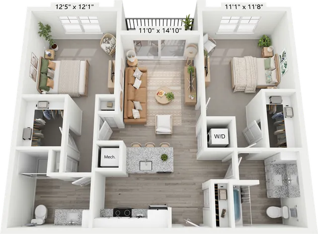 Modern 2-bedroom apartment floor plan featuring a spacious open-concept living area, elegant kitchen with island seating, and private balcony access. Includes two stylish bathrooms and convenient in-unit laundry.