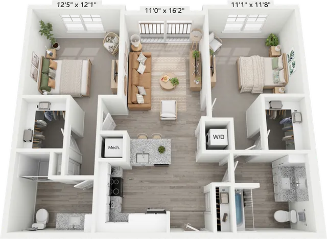 Modern 3D apartment floor plan showcasing two spacious bedrooms, a cozy living room, and a stylish kitchen with granite countertops, complemented by ample natural light.