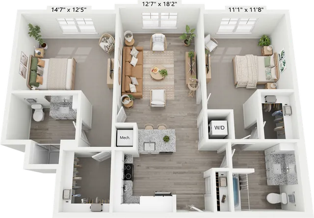 Modern 3D floor plan featuring two spacious bedrooms, an inviting open-concept living area, and a contemporary kitchen with island seating.