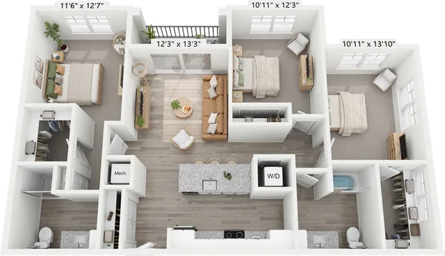 Charming 3D floor plan showcasing a spacious three-bedroom layout with an open-concept living area, modern kitchen with island, and abundant natural light.
