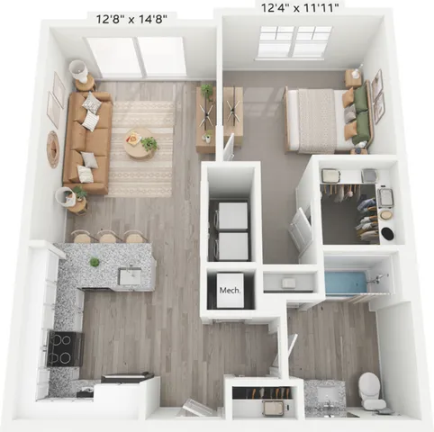 Modern 1-bedroom apartment floor plan with open-concept kitchen and living room, featuring stylish decor and functional space.