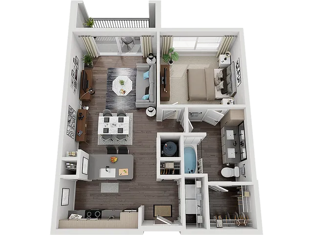 Contemporary 3D floor plan showcasing a sophisticated one-bedroom apartment with a spacious living room, modern kitchen, and elegant bathroom.