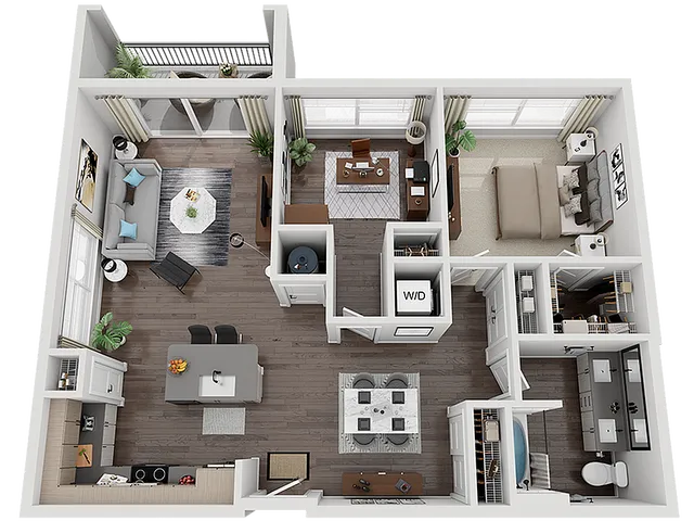 Chic 3D floor plan showcasing a modern apartment with one bedroom, a contemporary kitchen, spacious living area, and office space.