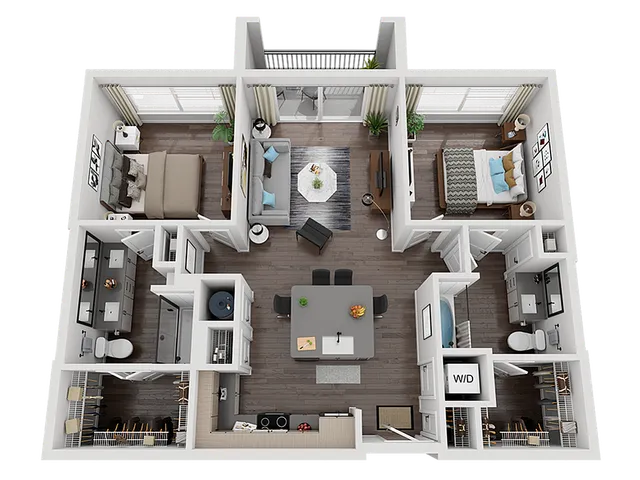 Modern 3D floor plan featuring two elegant bedrooms, spacious living room, stylish kitchen with island, and two luxurious bathrooms.