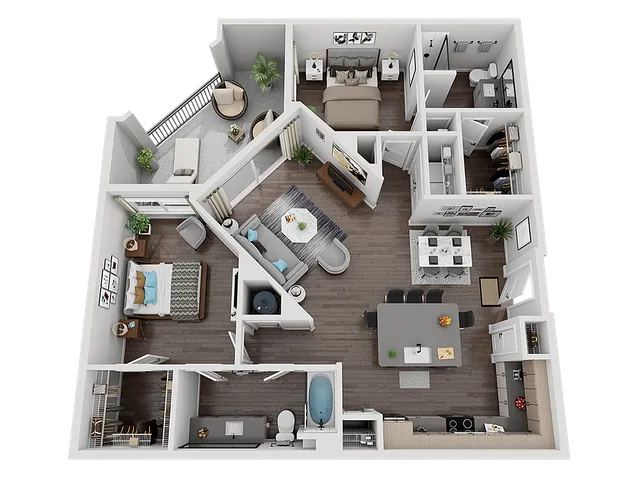 Elegant 3D floor plan with 2 bedrooms, open living and dining area, modern kitchen, and balcony.