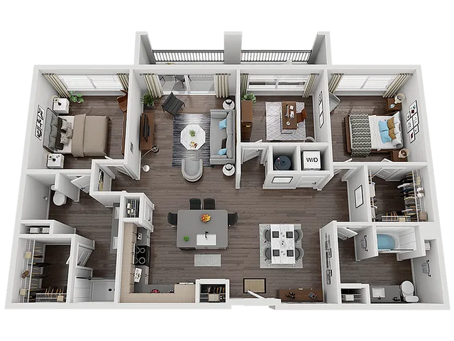Modern 3D floor plan showcasing 2 bedrooms, a stylish open-concept living area, and a sleek kitchen layout.