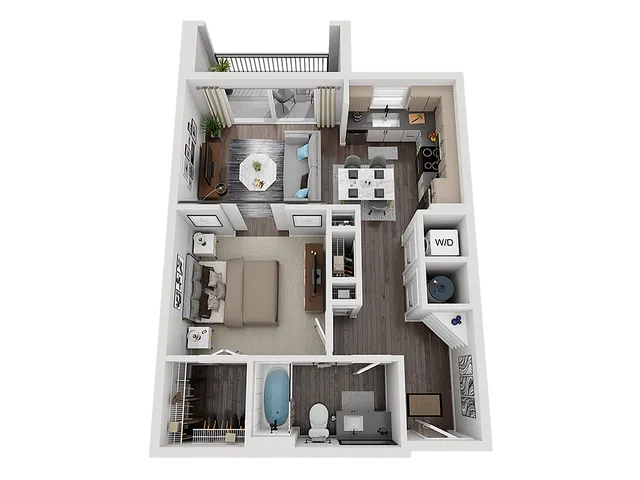 Chic 3D floor plan featuring a spacious one-bedroom apartment with an open-concept living and dining area, modern kitchen, and private balcony.